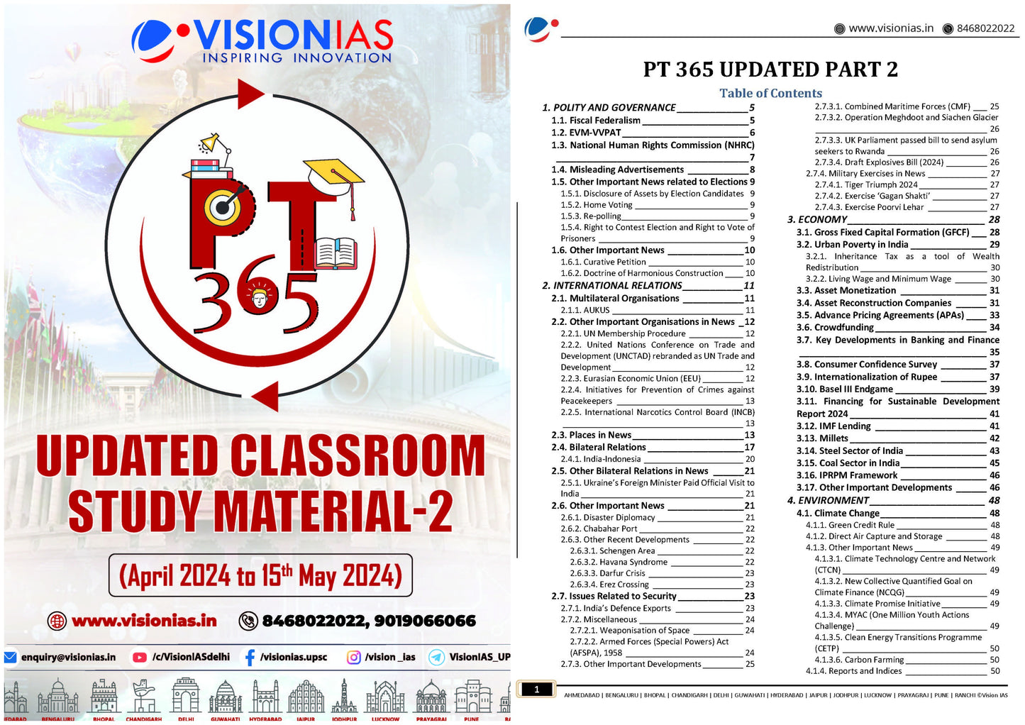 VISION IAS PT 365 Updated Classroom Study Material Part 1 & 2 (April 2024 to October 2024) English/Hindi Medium(Set Of 2 Booklet)2025