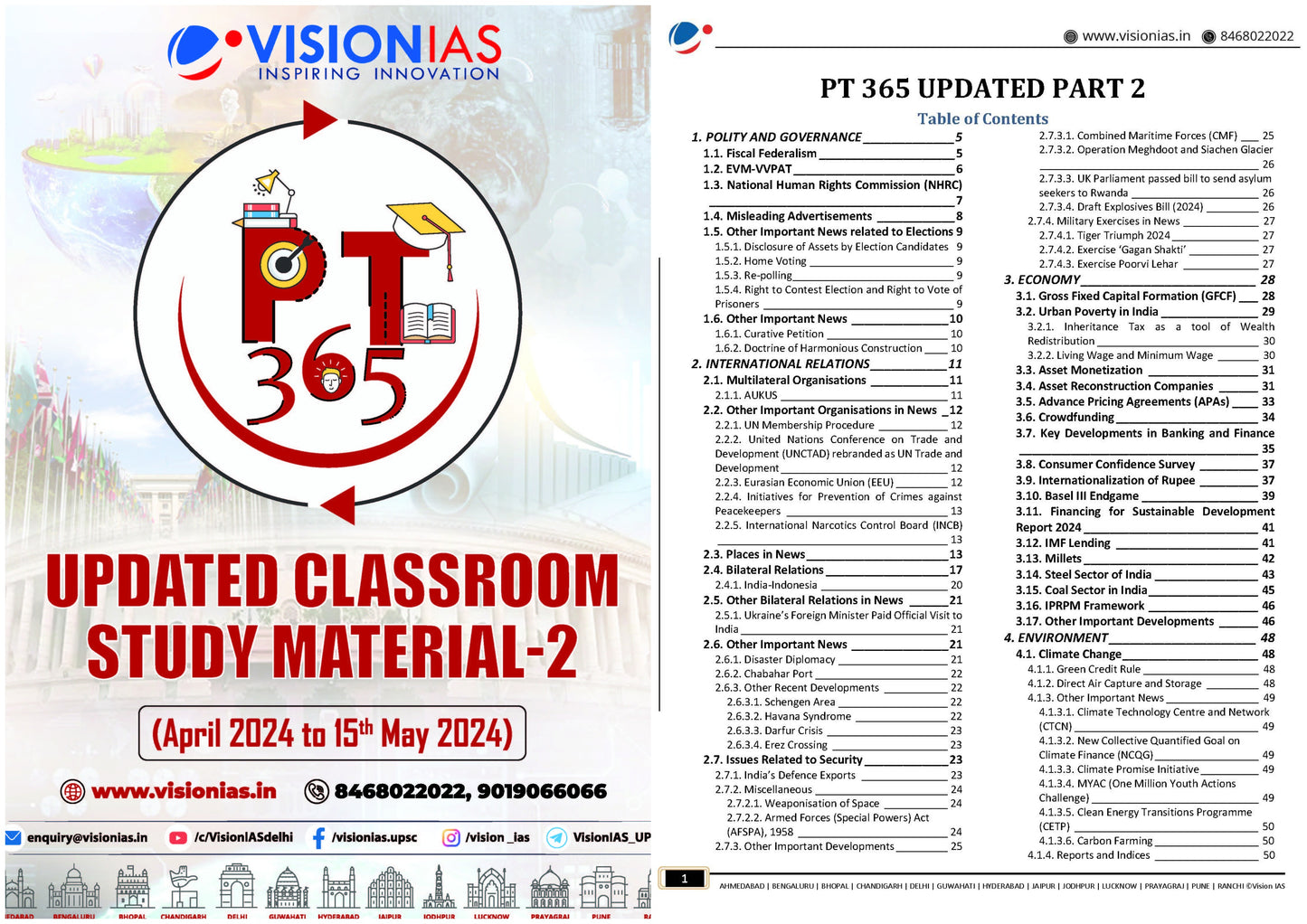 VISION IAS PT 365 Updated Classroom Study Material Part 1 & 2 2024 English/Hindi Medium(Set Of 2 Booklet)